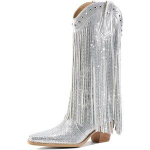 ⚡Women's Rhinestone Fringe Cowgirl Boots Sparkly Western Pointed Toe Mid Calf